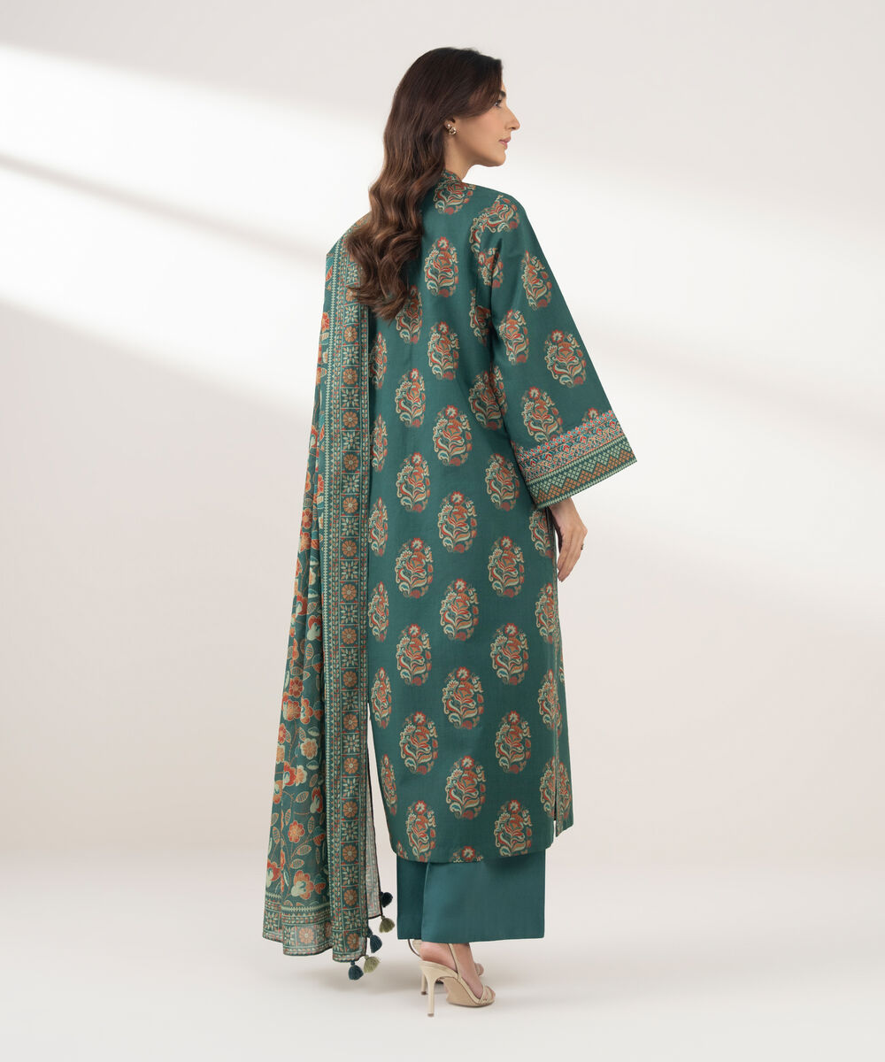 Women's Unstitched Cotton Printed Green 3 Piece Suit
