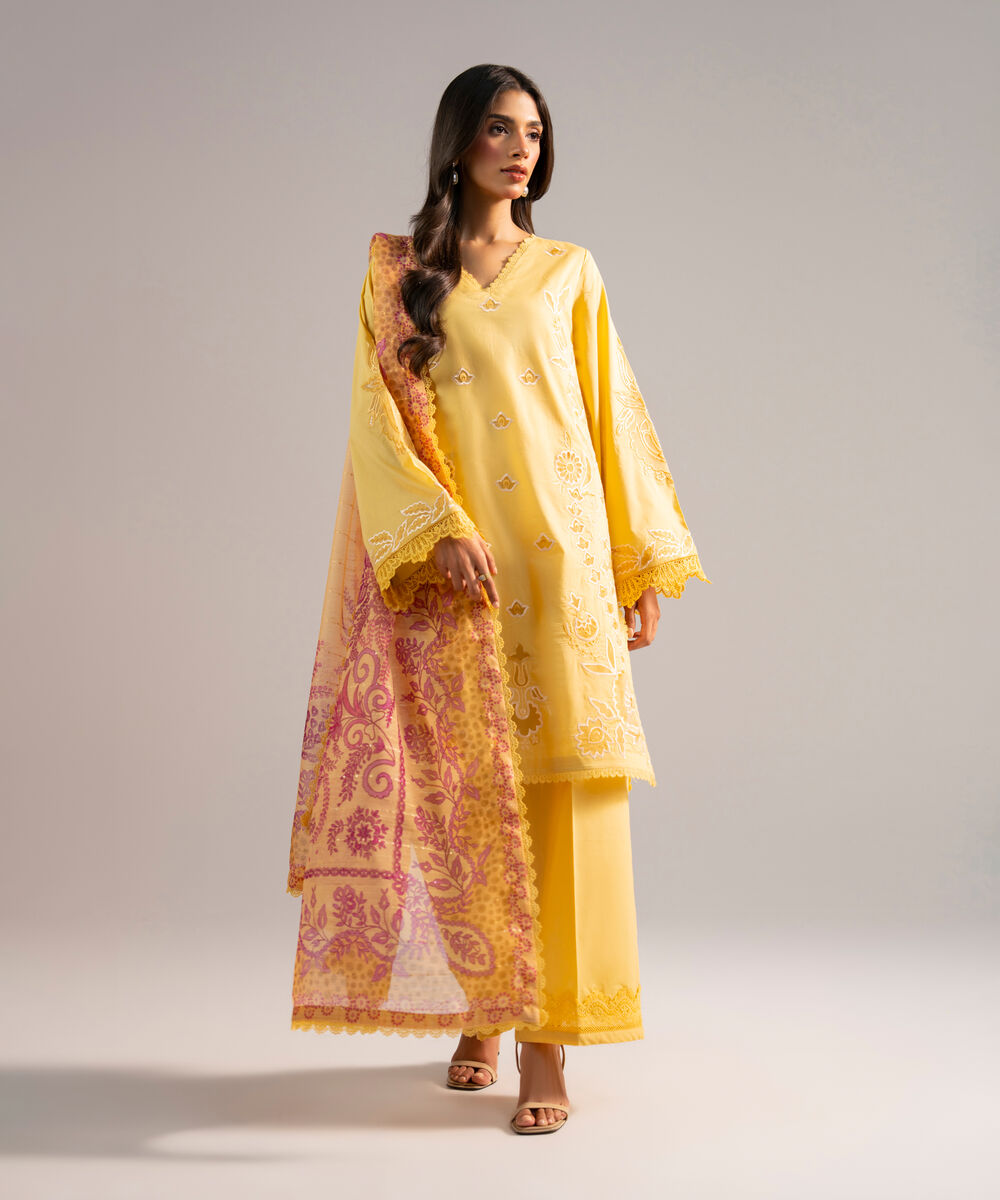 Women's RTW Lawn Embroidered Yellow 3 Piece Suit