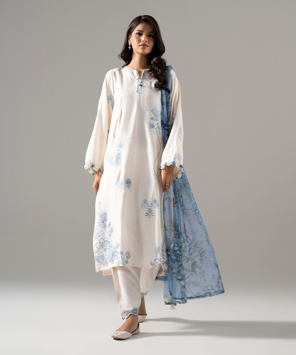 Women's RTW Blended Net Printed Blue Dupatta
