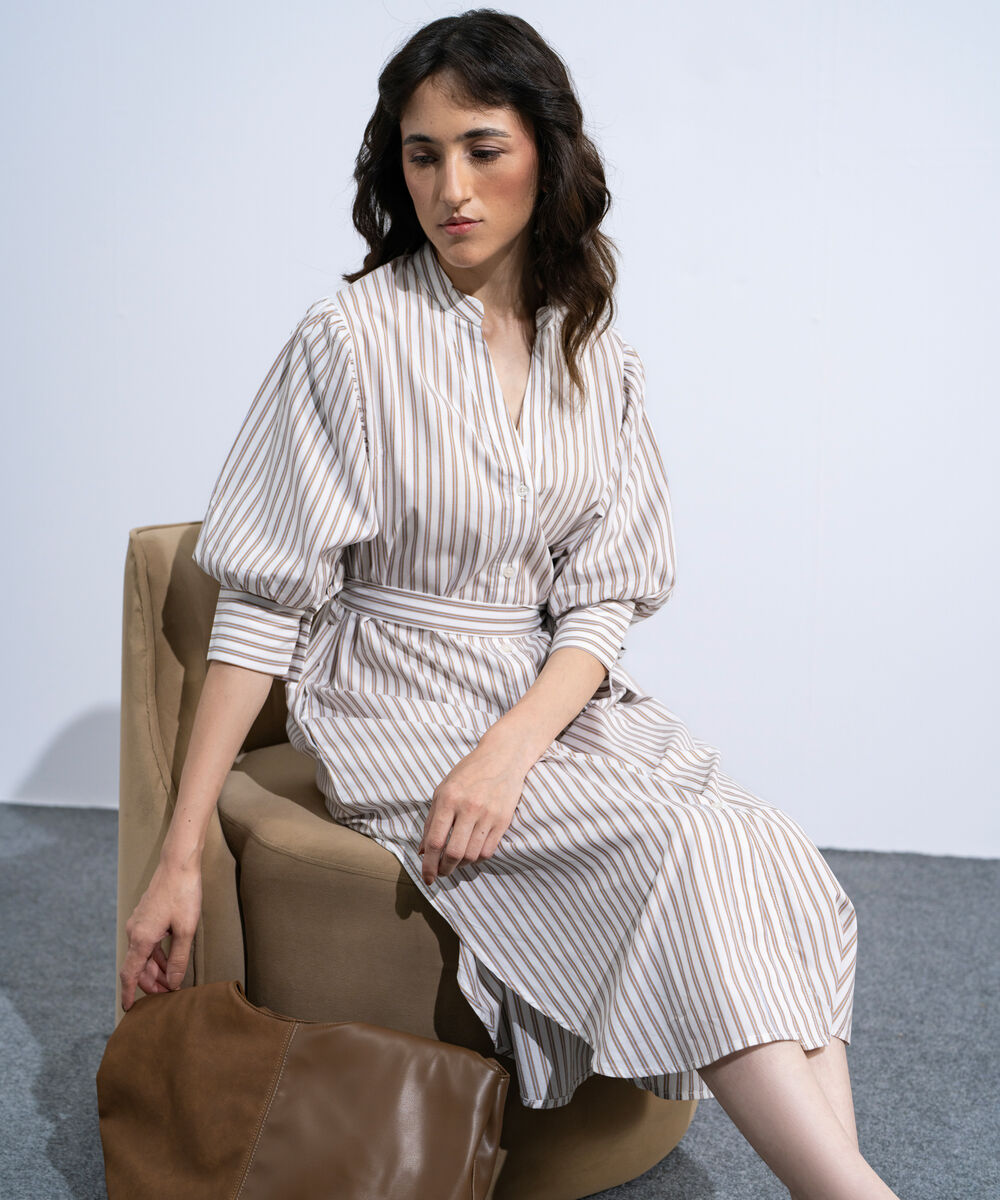 Women's Multi Striped Poplin Dress With Puffed Sleeves