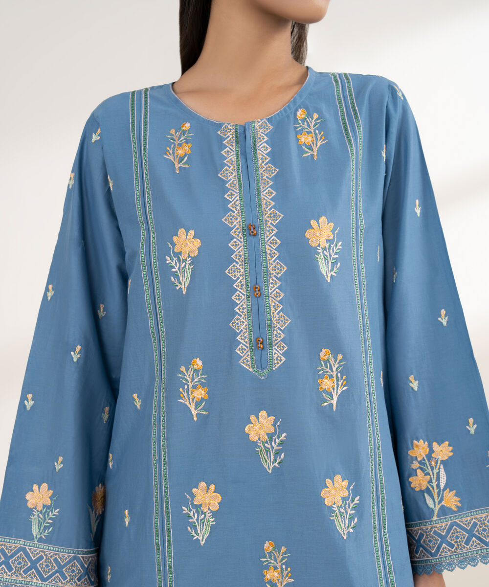 Women's RTW Lawn Blue Embroidered Boxy Shirt