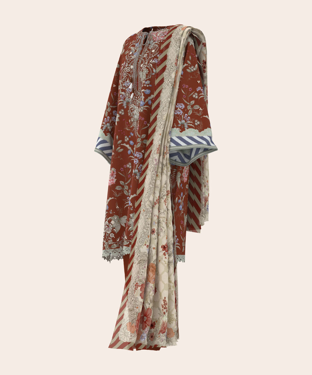 Women's Unstitched Lawn Rust Brown  Embroidered 3 Piece Suit