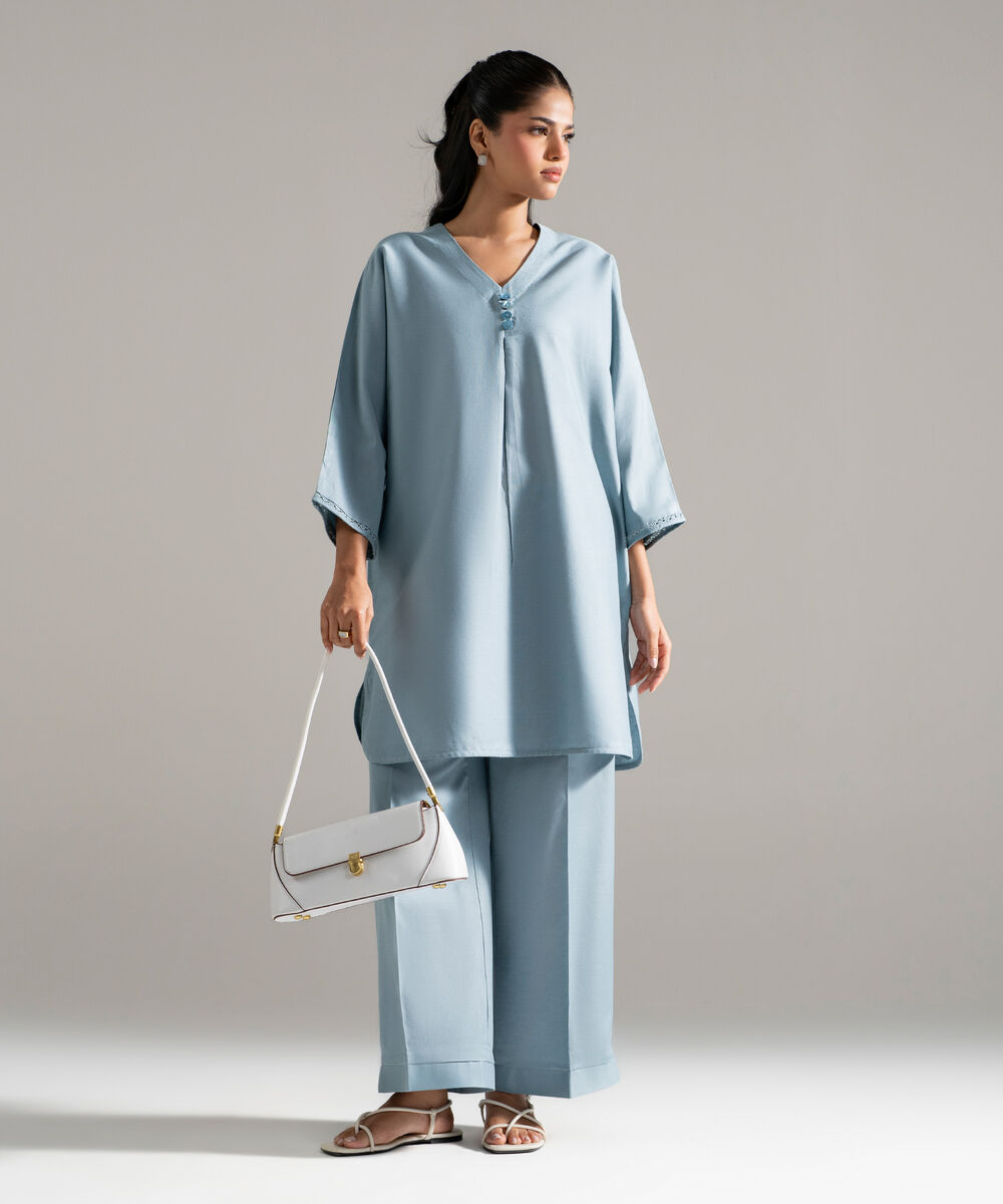 Women's RTW Cotton Linen Solid Blue 2 Piece Suit