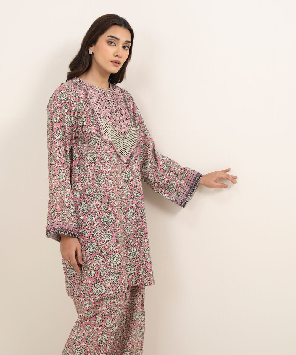 Women's RTW Dobby Embroidered Pink 2 Piece Suit