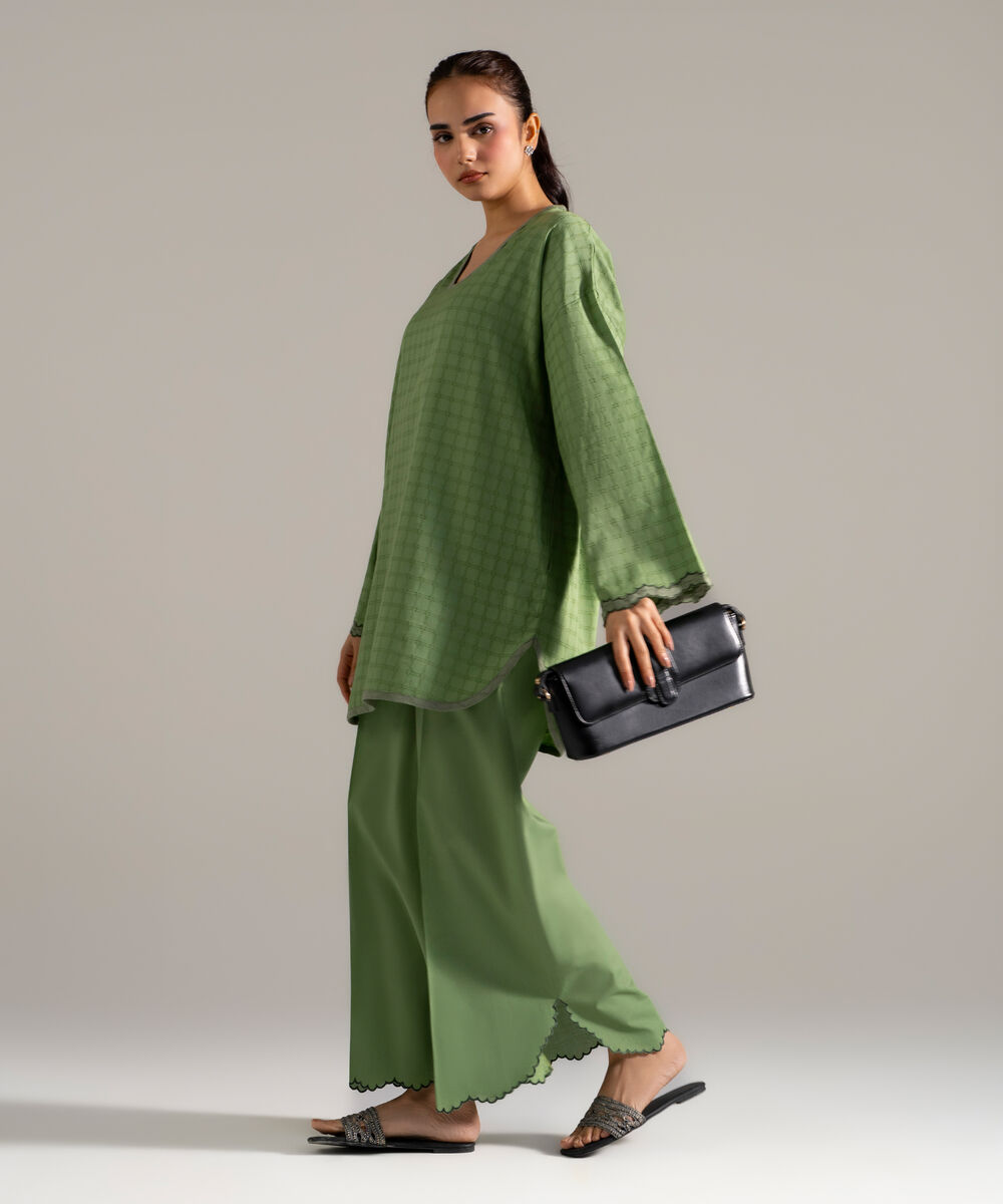 Women's RTW Dobby Printed Green Drop Shoulder Shirt