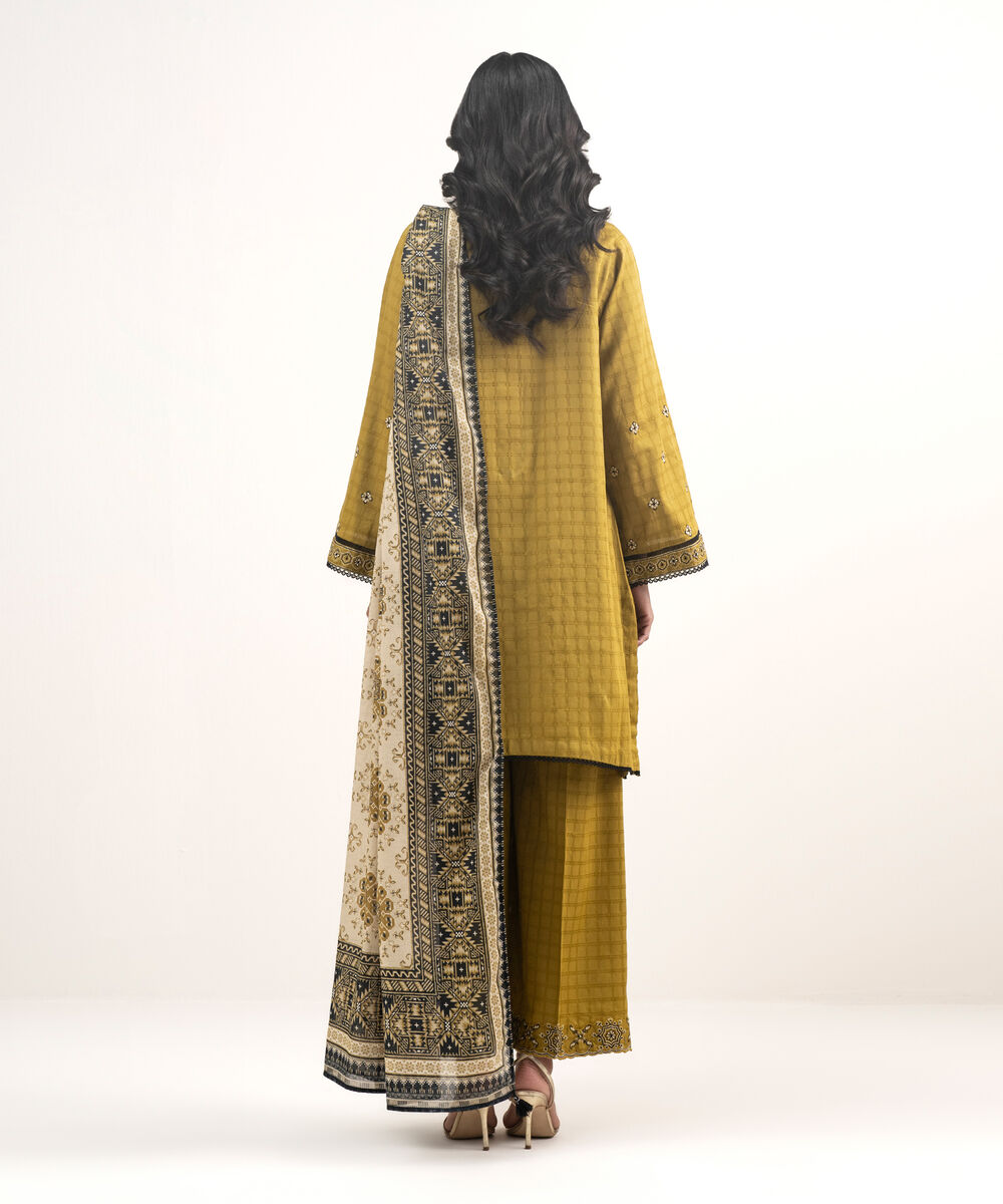 Women's RTW Dobby Embroidered Yellow 3 Piece Suit