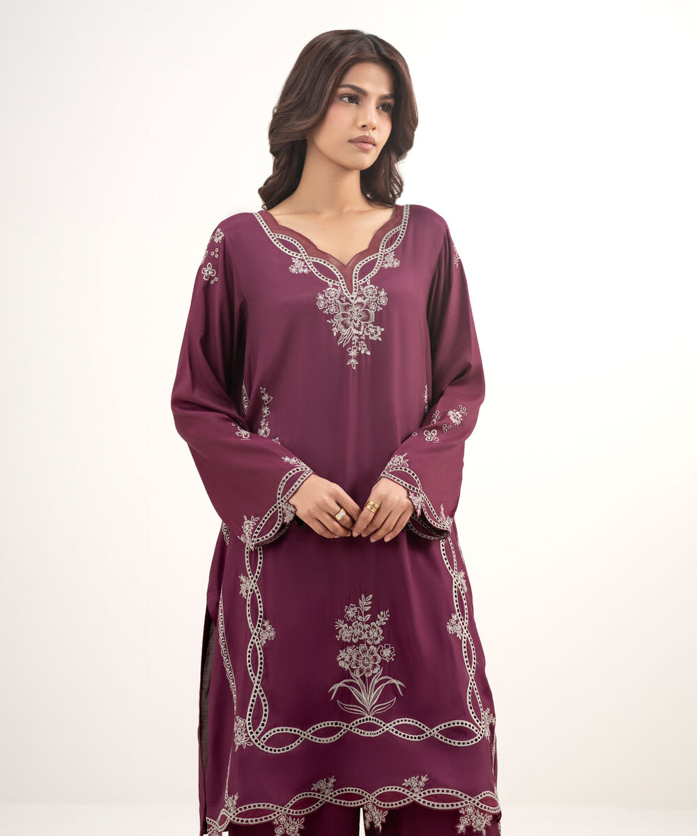 Women's RTW Viscose Raw Silk Embroidered Purple 2 Piece Suit