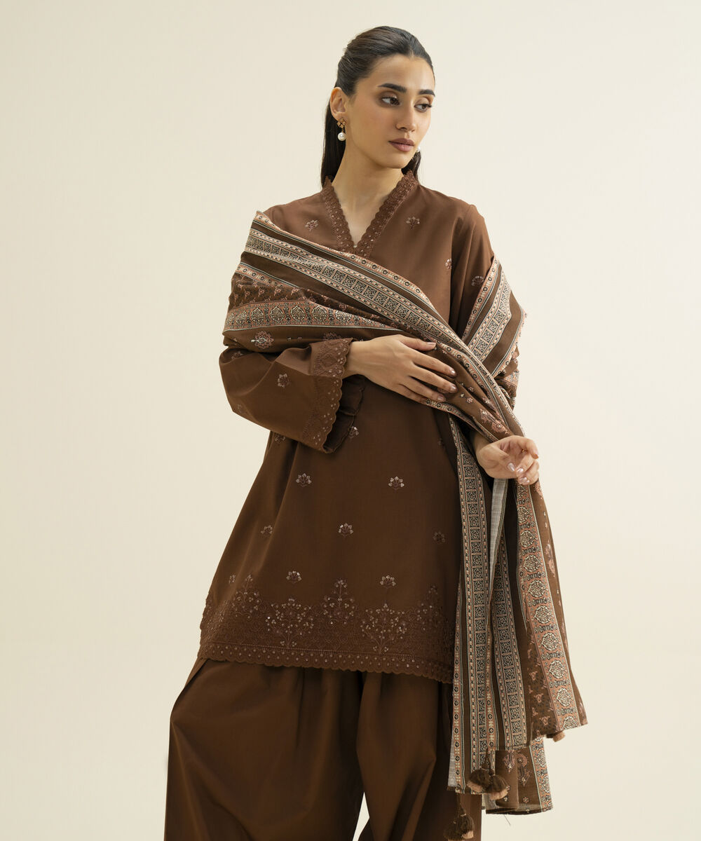 Women's Unstitched Basic Khaddar Embroidered Brown 3 Piece Suit