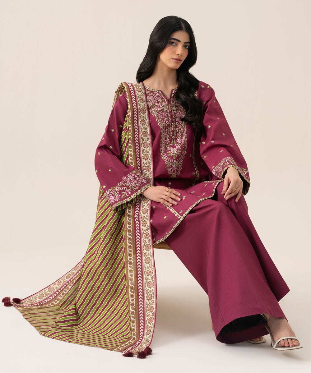 Women's Unstitched Cotton Embroidered Magenta 3 Piece Suit