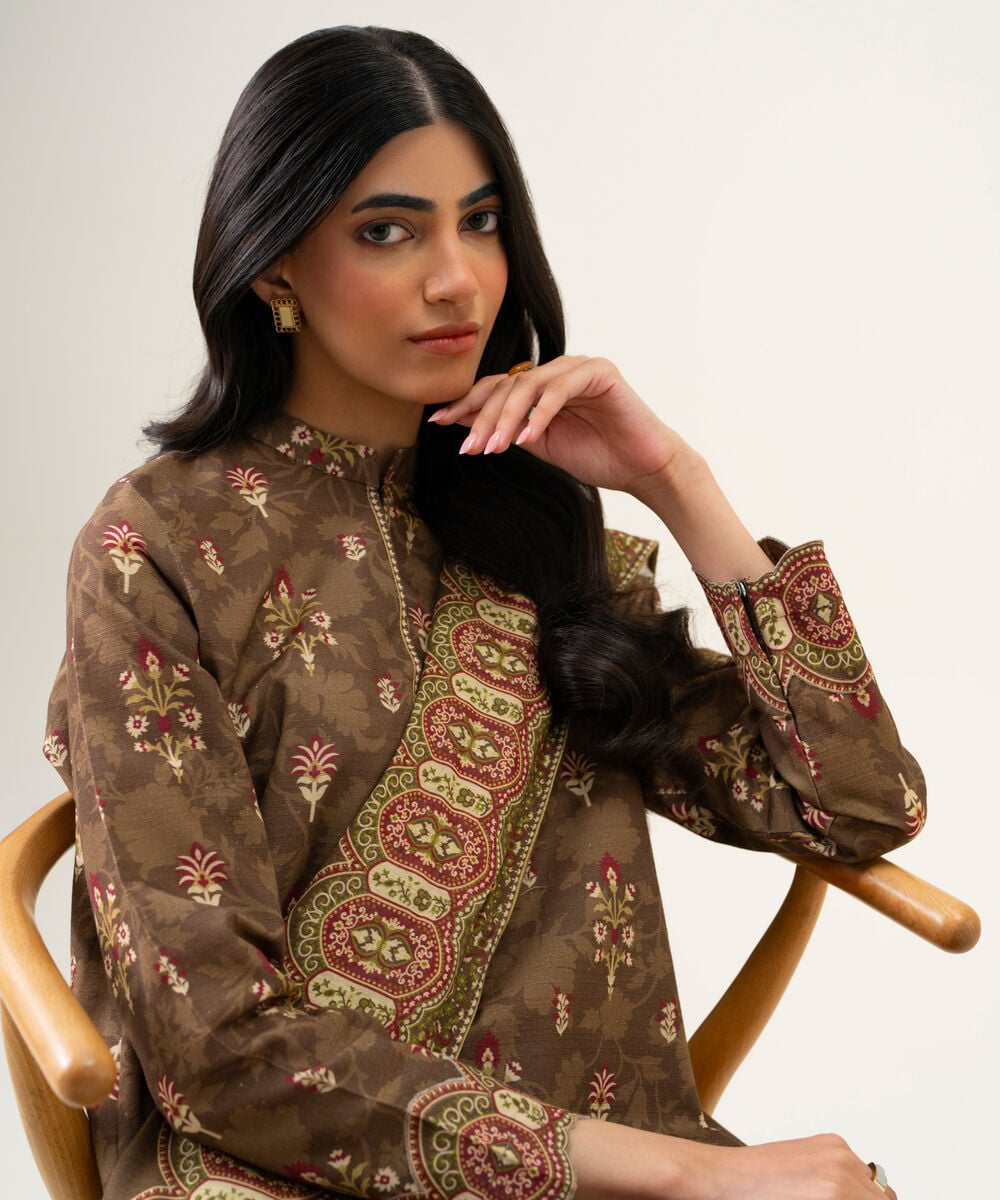 Womens Unstitched Light Khaddar Printed Brown 3 Piece Suit
