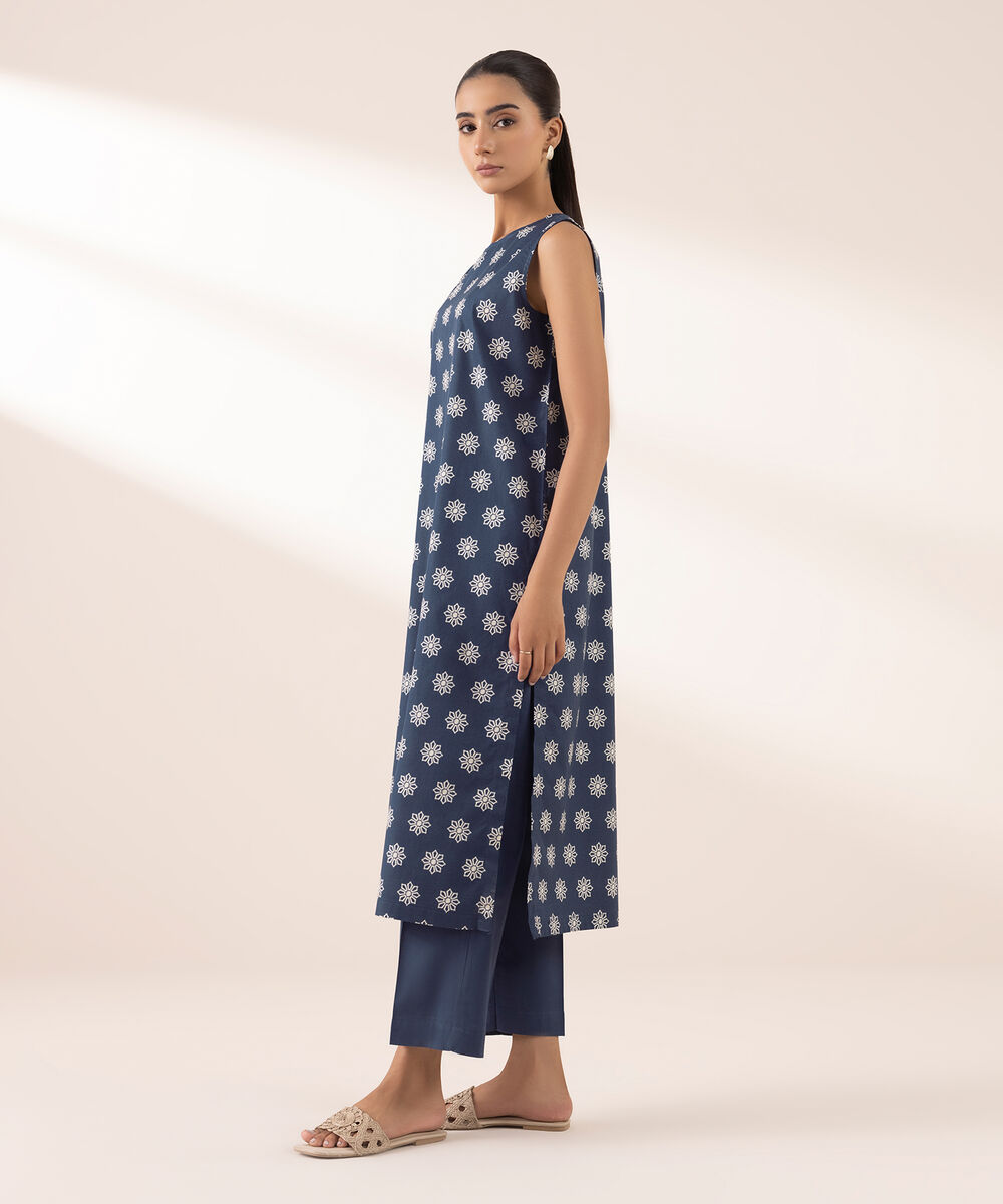 Women's RTW Cambric Blue Printed A-Line Shirt