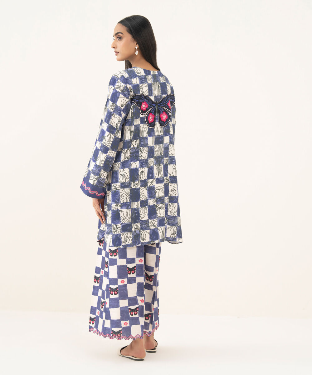 Women's RTW Herringbone Embroidered Blue Straight Shirt