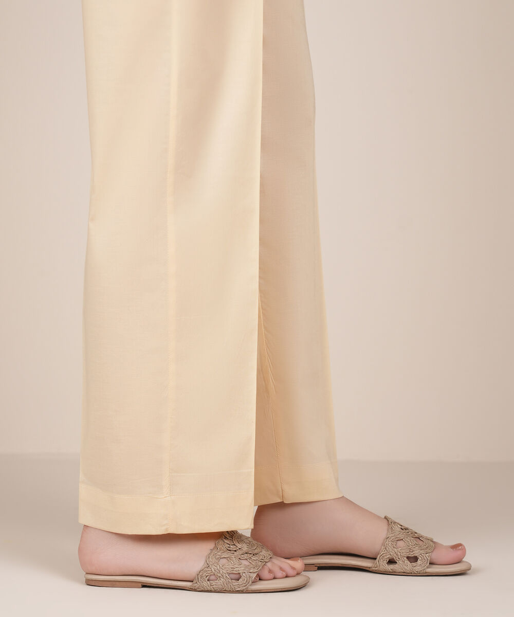 Women's RTW Lycra Off White Solid Straight Pants