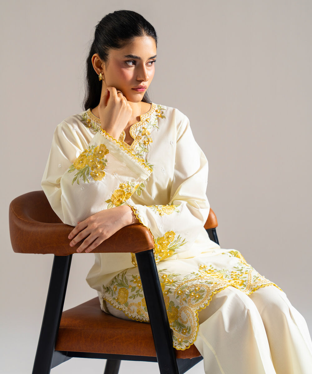 Women's RTW Lawn Embroidered Off White 2 Piece Suit