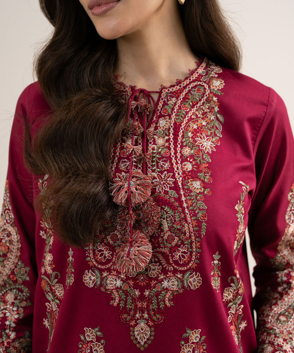 Women's Unstitched Embroidered Fine Cotton Satin Maroon 3 Piece Suit