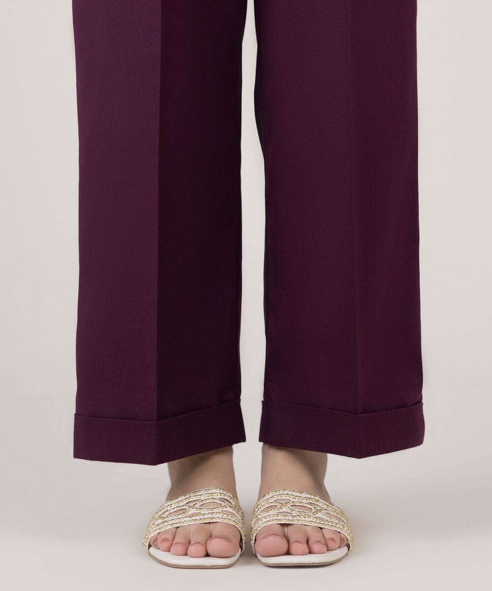 Women's RTW Cotton Linen Purple Solid Straight Pants
