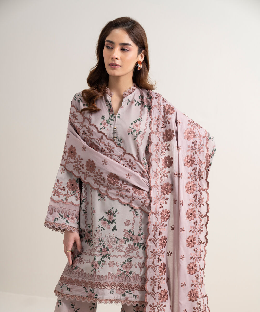 Women's Unstitched Lawn Embroidered Light Grey  3 Piece Suit