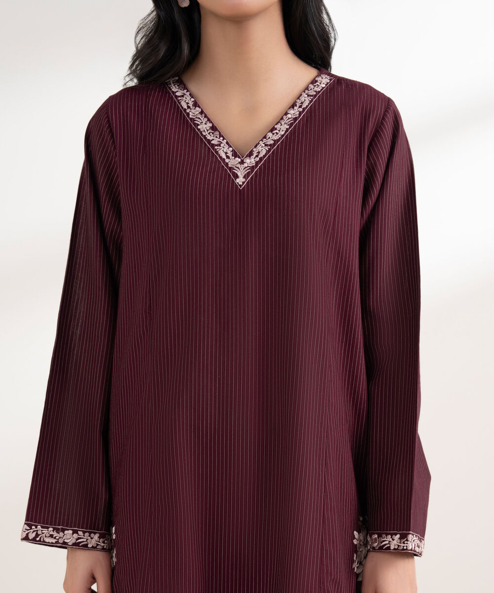 Women's RTW Light Khaddar Embroidered Maroon Straight Shirt
