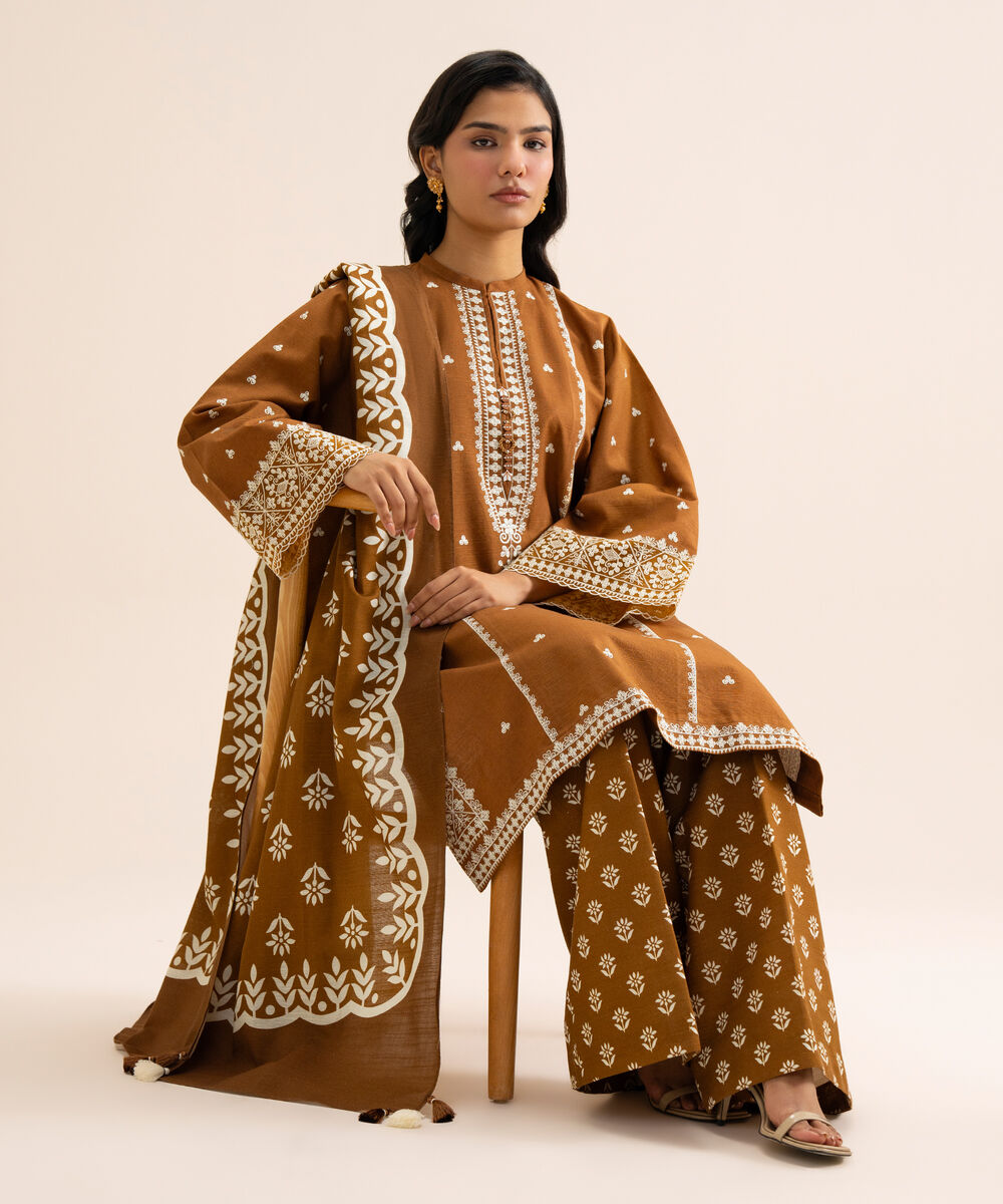 Women's Unstitched Light Khaddar Embroidered Brown 3 Piece Suit