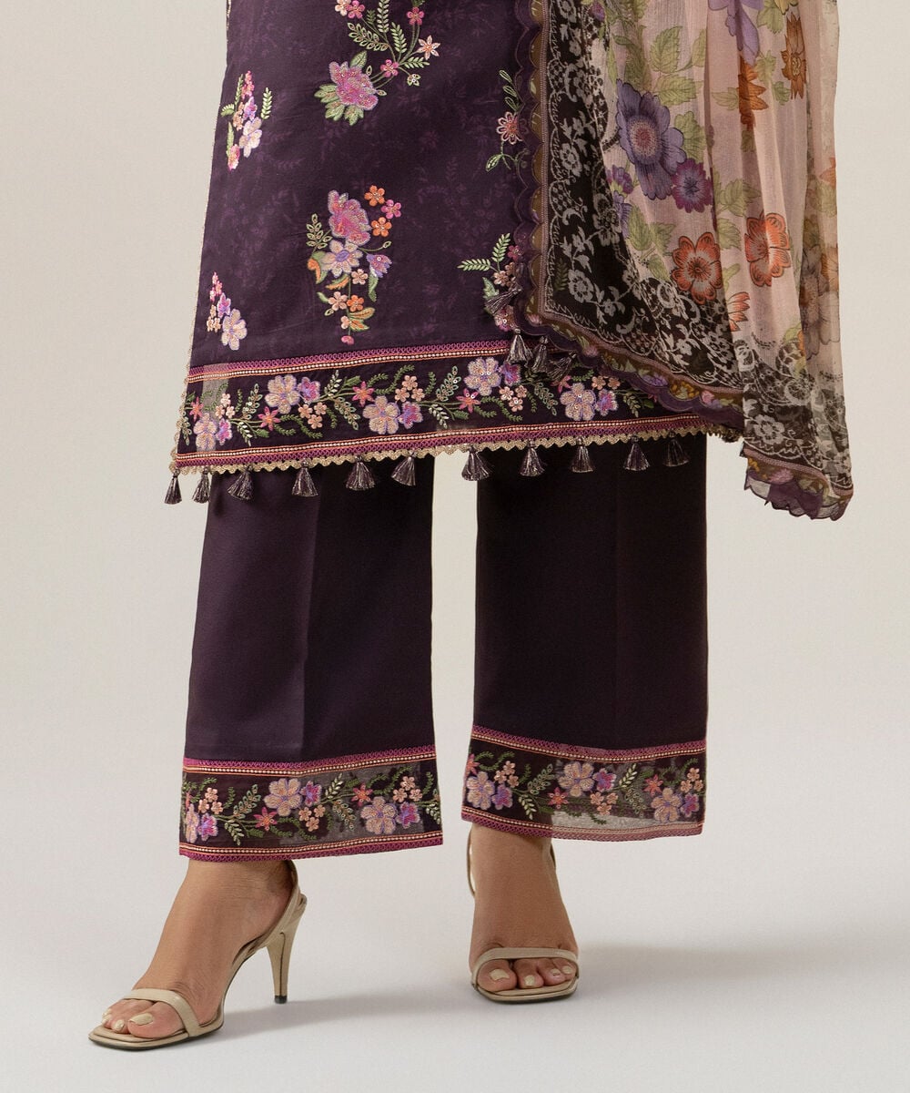 Women's Unstitched Blended Chiffon Embroidered Plum 3 Piece Suit