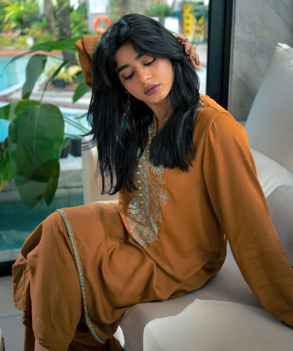 Women's RTW Bedford  Embroidered Mustard Straight Shirt