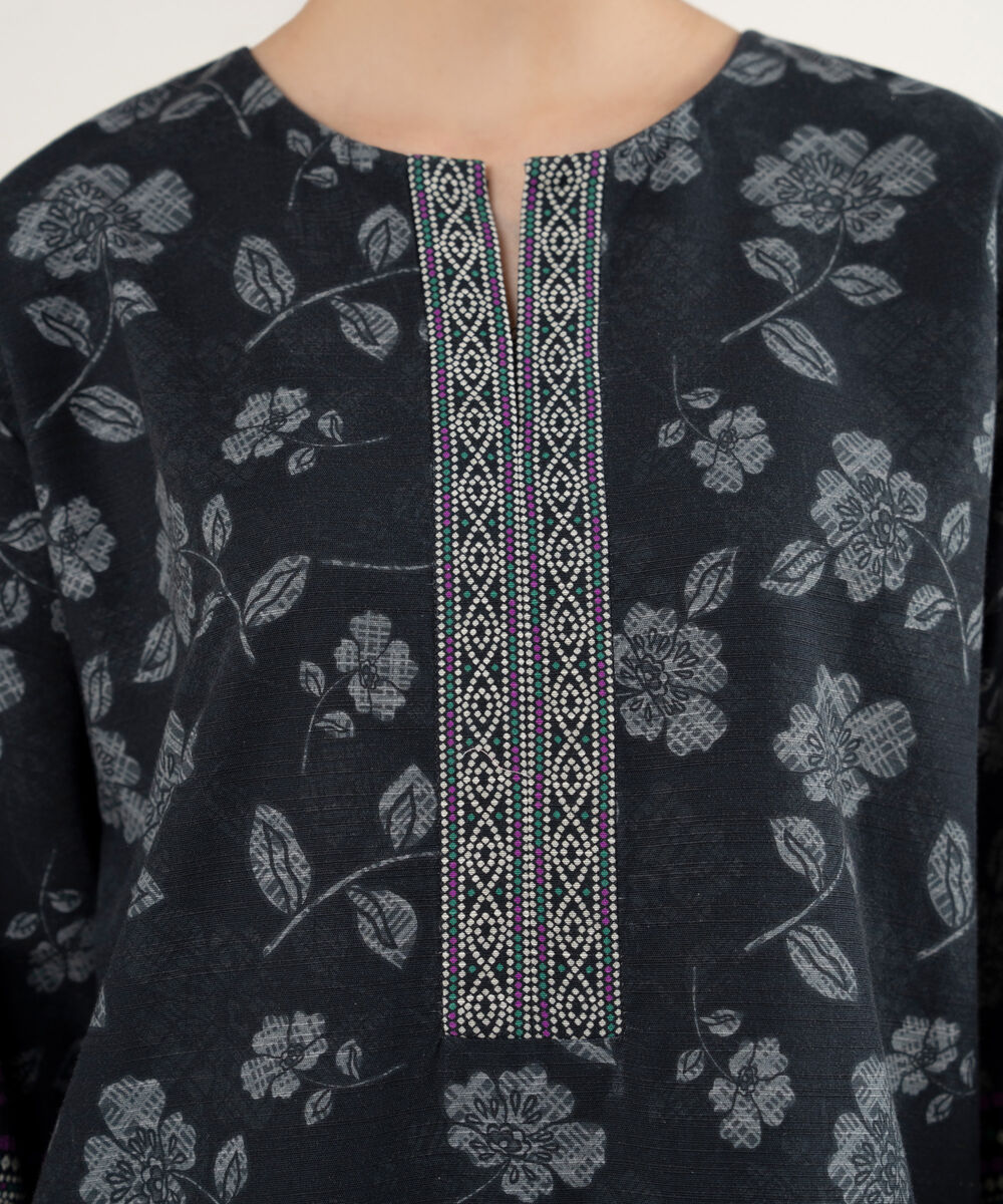 Women's Unstitched Printed Khaddar Black 3 Piece Suit