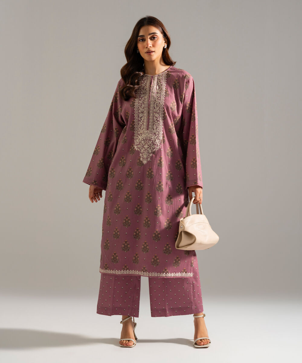 Women's RTW Seersucker Embroidered Pink 2 Piece Suit