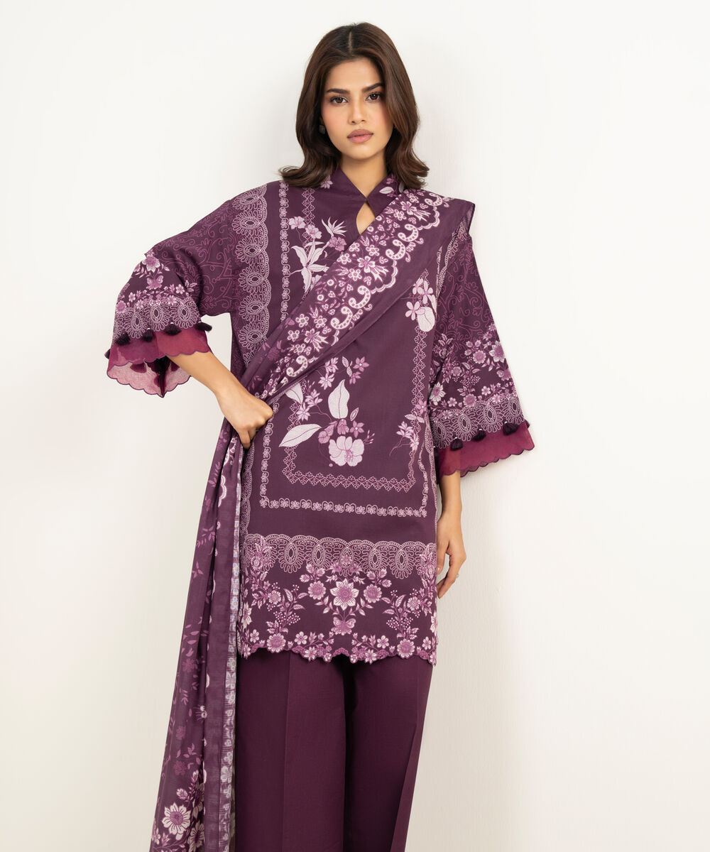 Women's Unstitched Lawn Printed Purple 3 Piece Suit