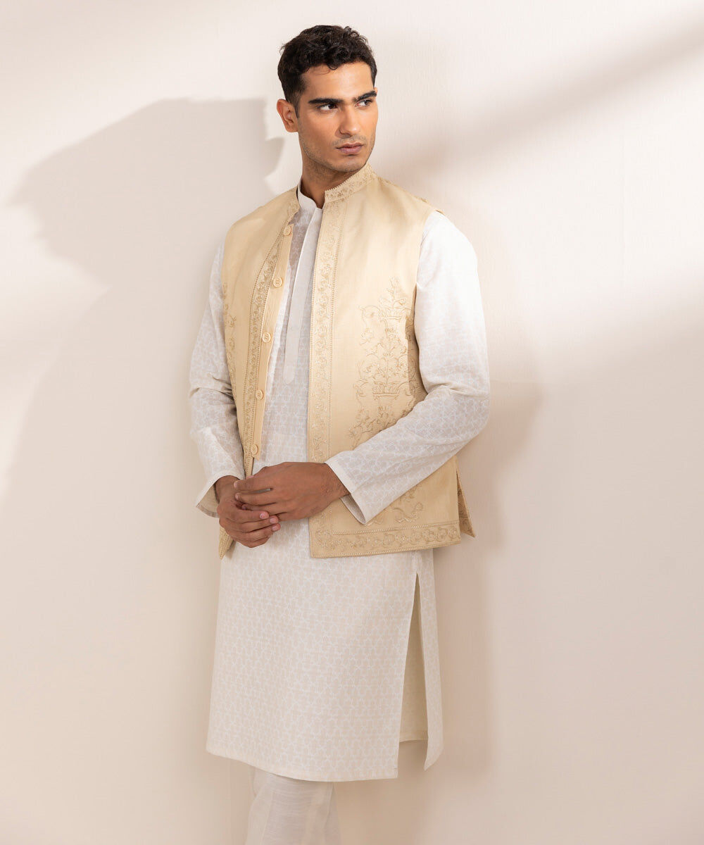 Man - Beige Embroidered Raw Silk Waistcoat