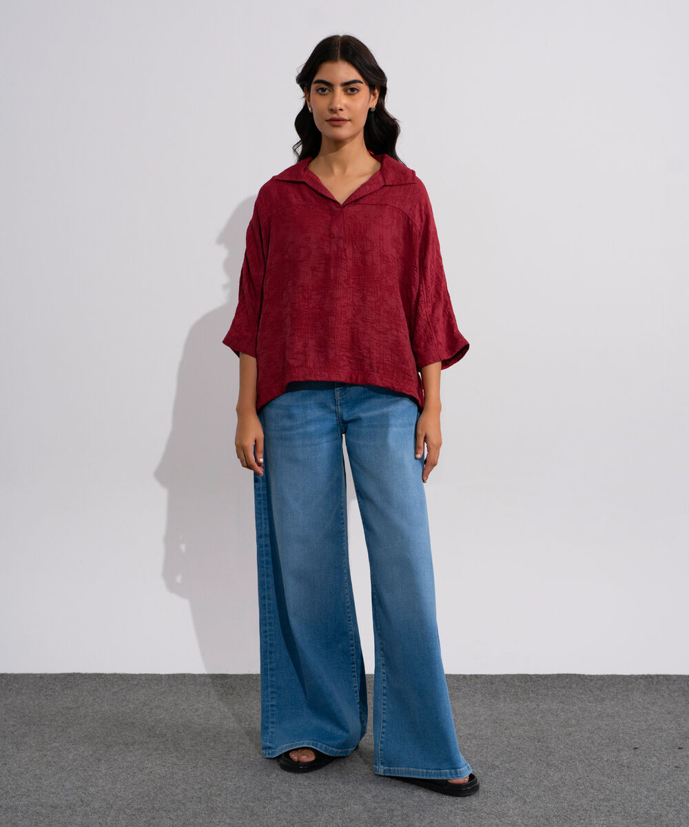 Women's Red Loose Fit Top With Kimono Sleeves