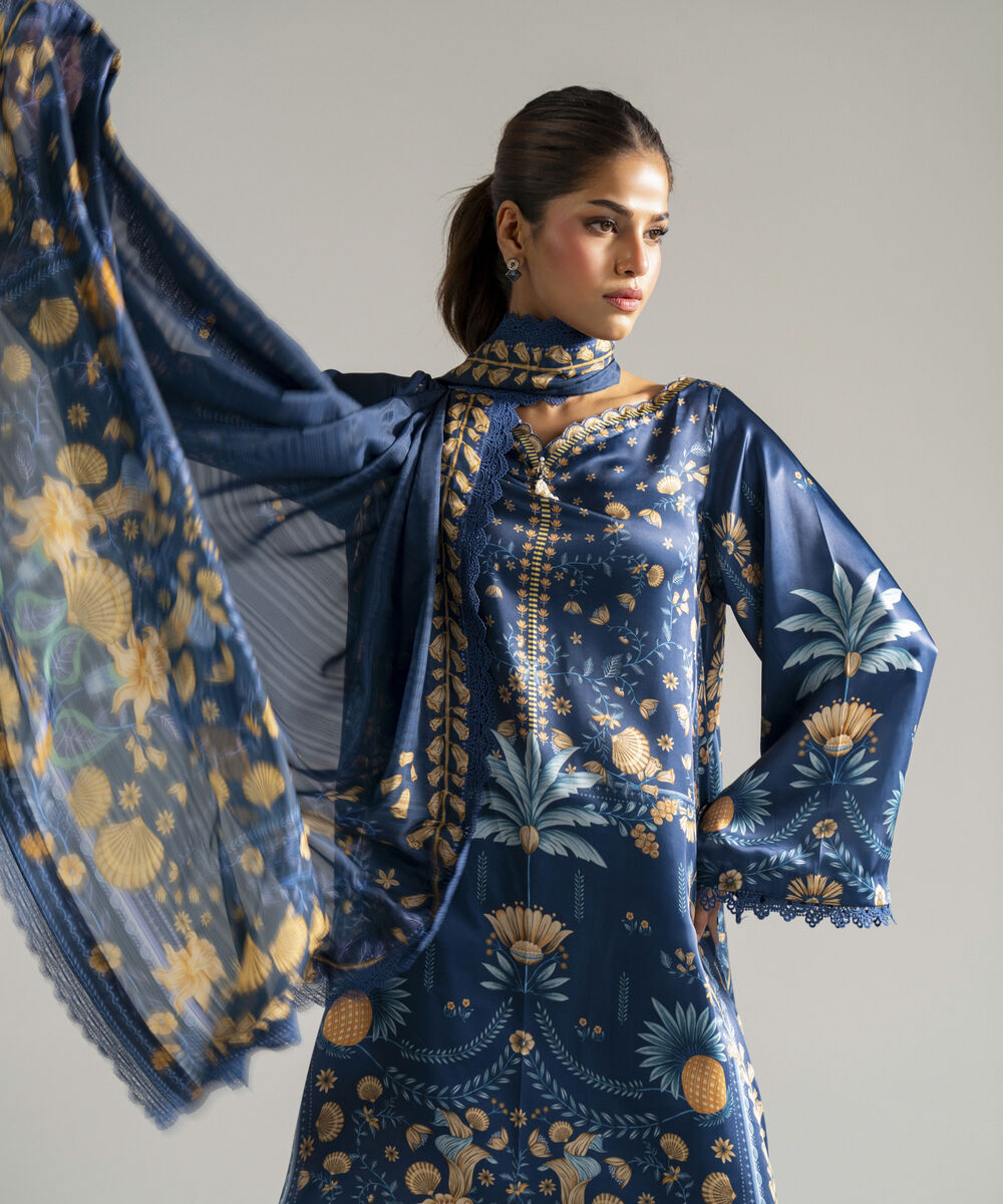 Women's RTW Blended Satin Printed Blue 3 Piece Suit