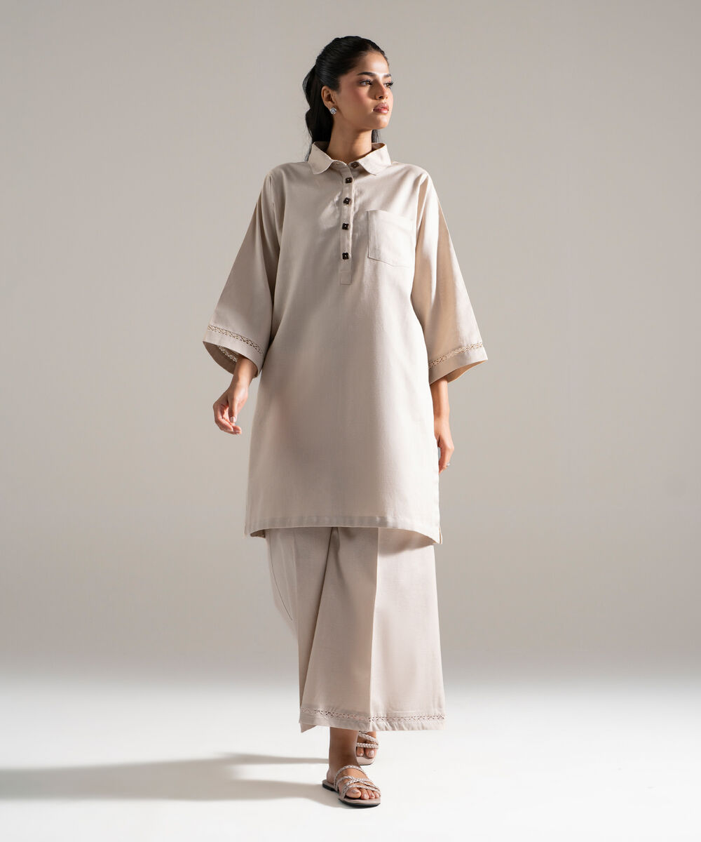 Women's RTW Cotton Linen Solid Beige 2 Piece Suit