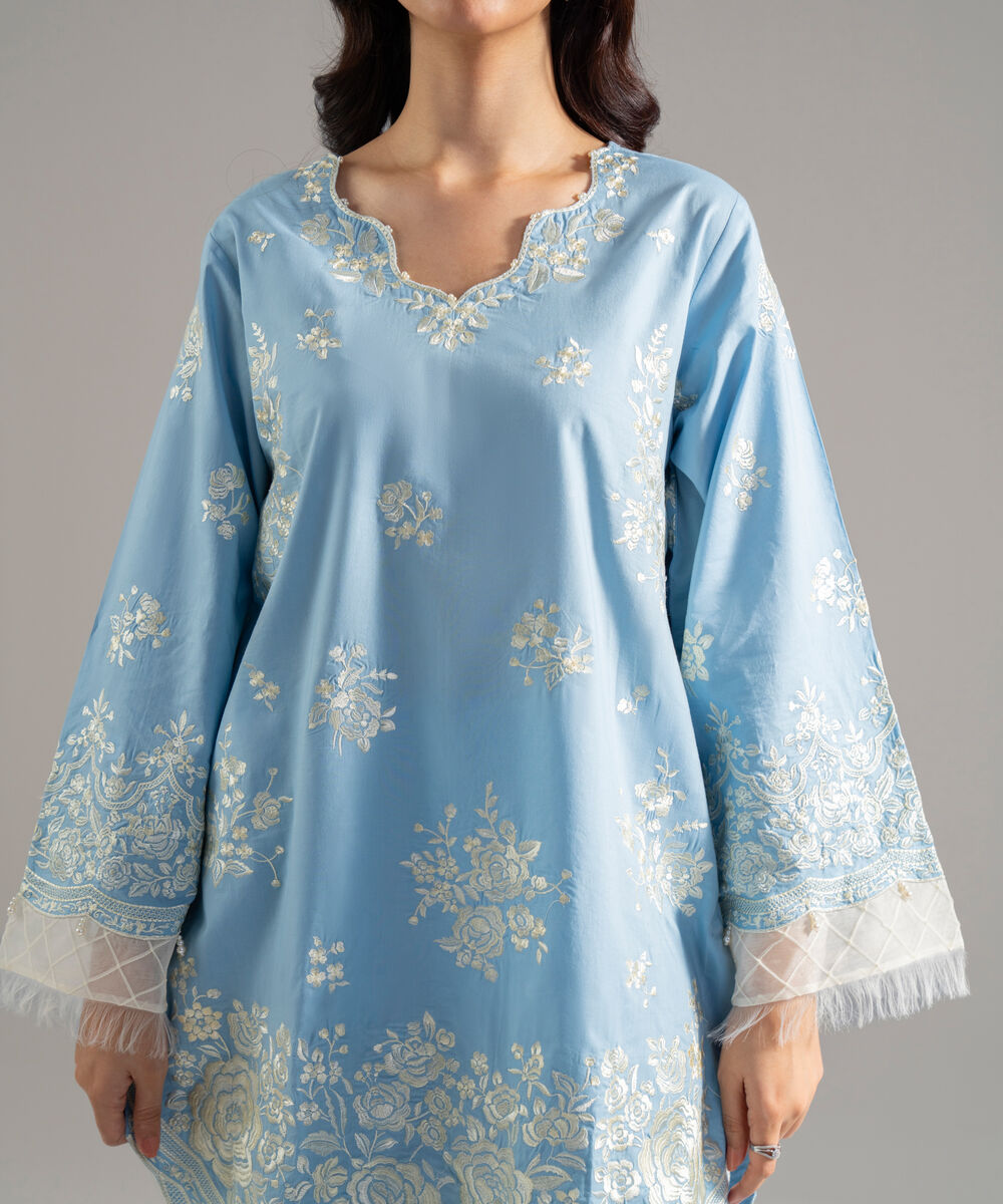 Women's RTW Cambric Solid Embroidered Blue 3 Piece Suit