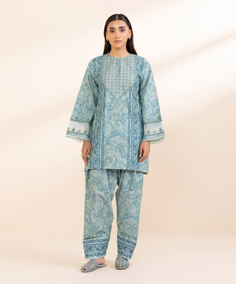 2 Piece - Embroidered Khaddar Suit Women's Pret Khaddar Blue Embroidered 2 Piece Suit