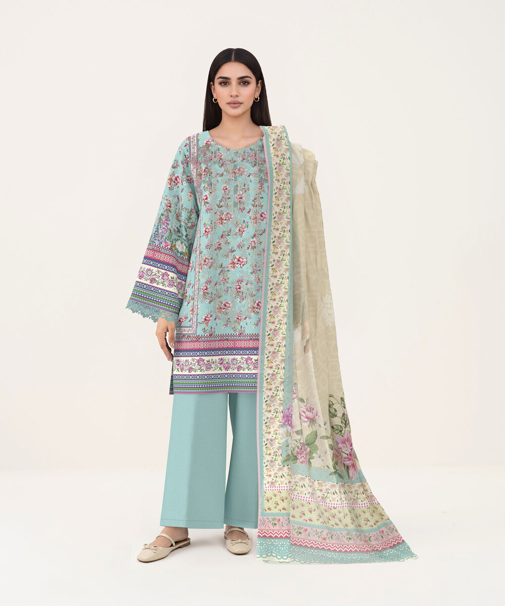 Women's Unstitched Lawn Aqua Embroidered 3 Piece Suit