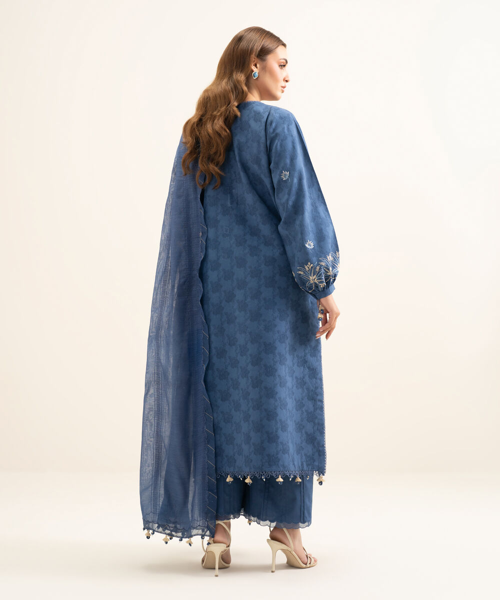 Women's Unstitched Cotton Jacquard Embroidered Blue 3 Piece Suit