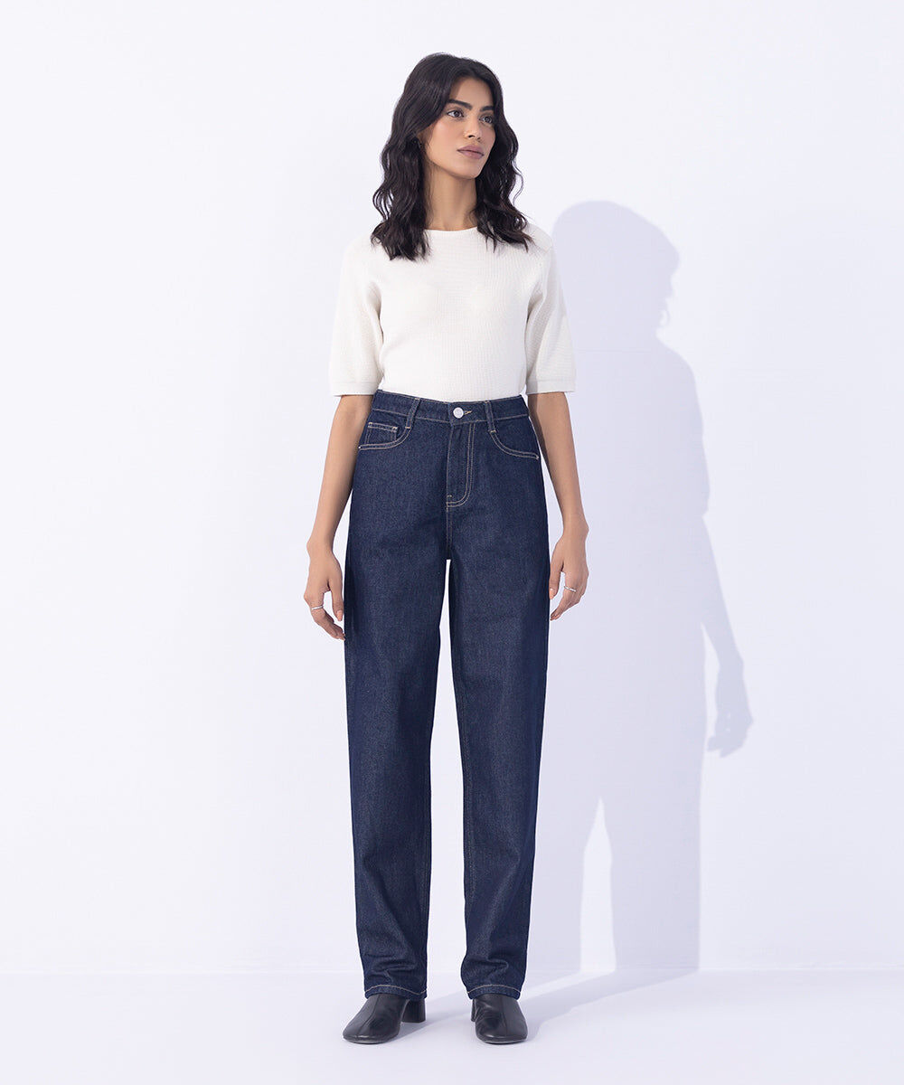 Woman - Blue Straight Fit Denim with Turn-Up Hem