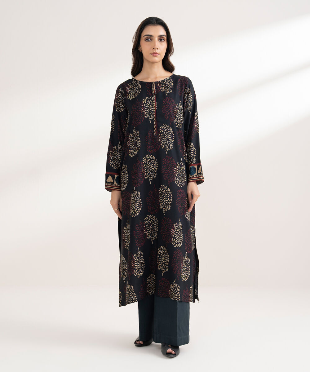 Women's RTW Viscose Linen Printed Straight Black Shirt