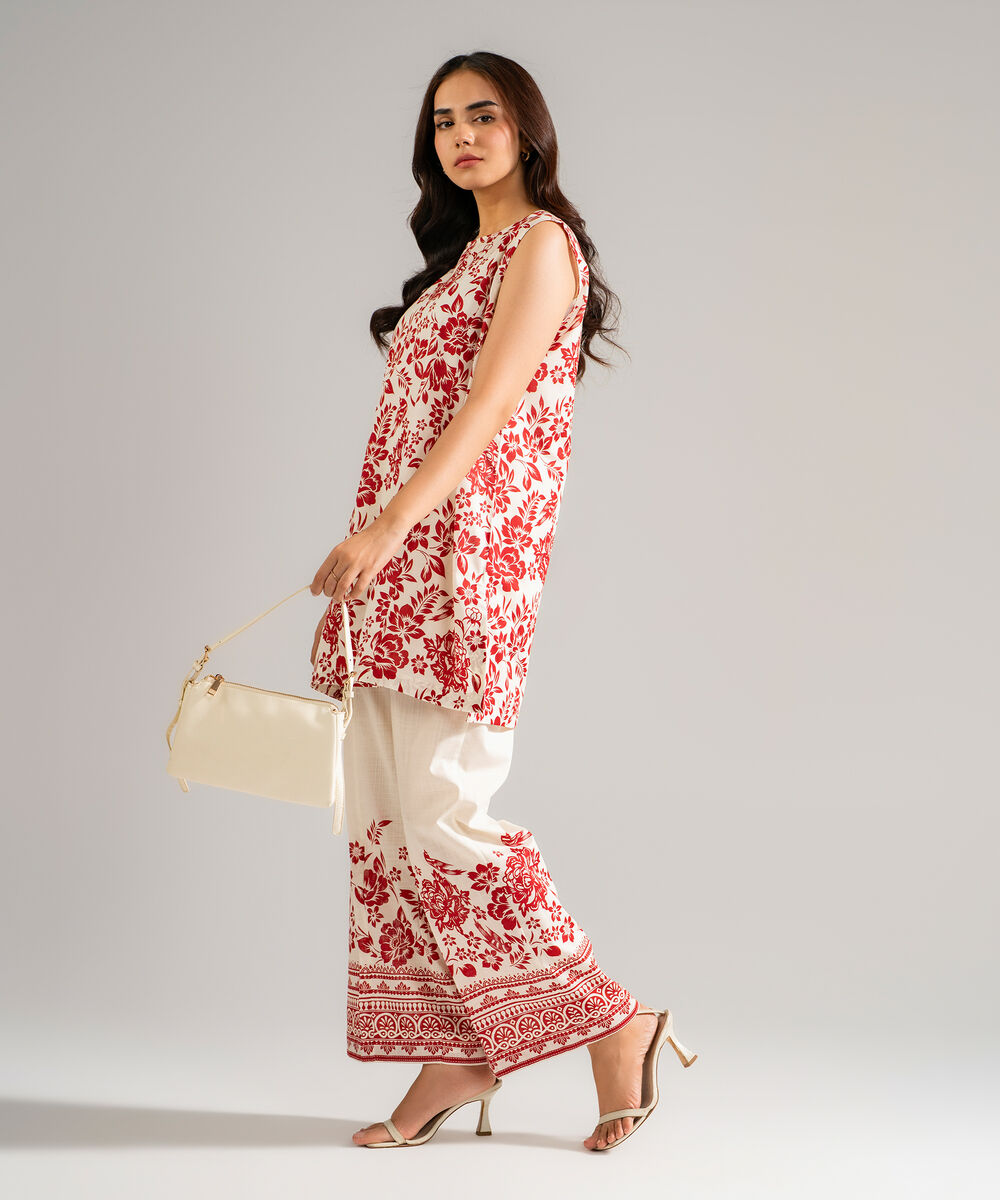 Women's RTW Slub Lawn Printed Cream White Straight Shirt