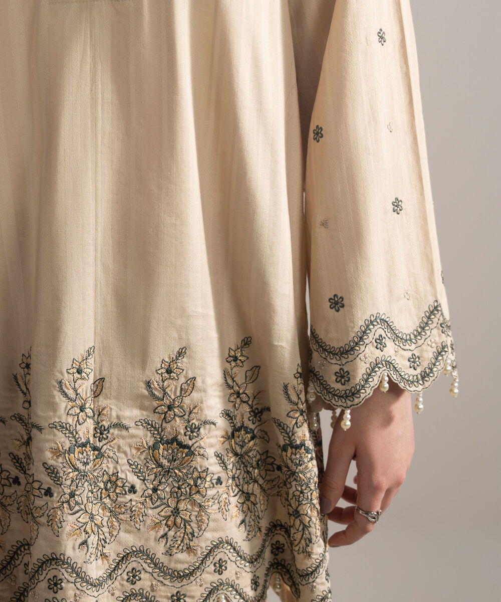 Women's RTW Leno Kara Embroidered Beige Straight Shirt