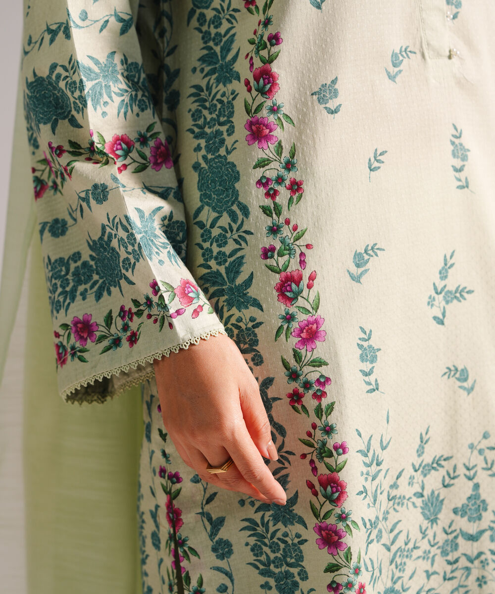 Women's RTW Dobby Printed Green 3 Piece Suit