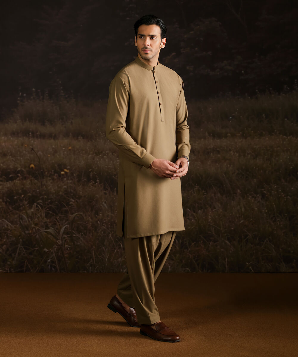 Men Unstitched Wash & Wear Khaki Full Suit Fabric