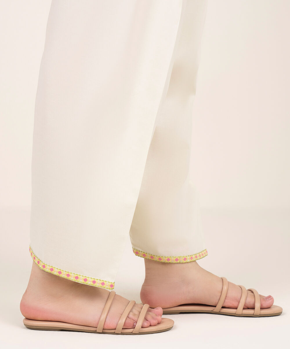 Women's RTW Cambric Beige Solid Embroidered Shalwar