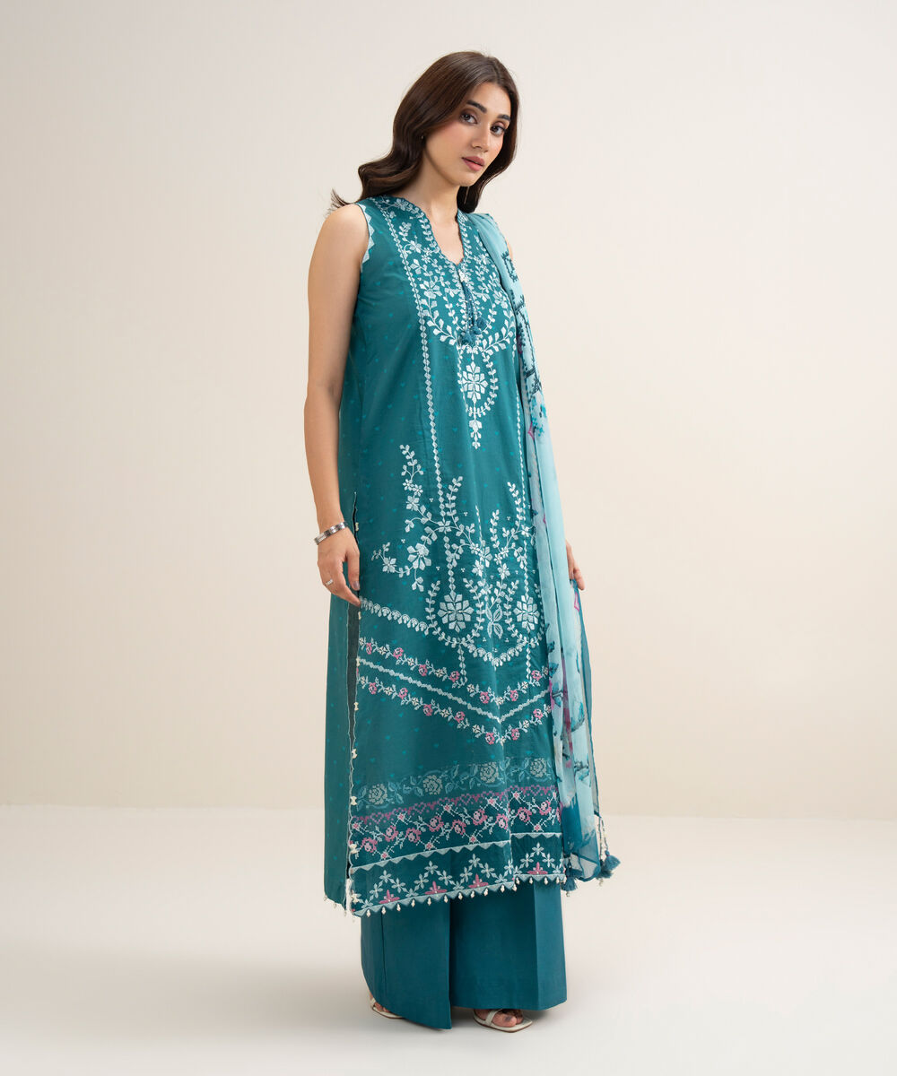 Women's Unstitched Lawn Embroidered Teal Green 3 Piece Suit