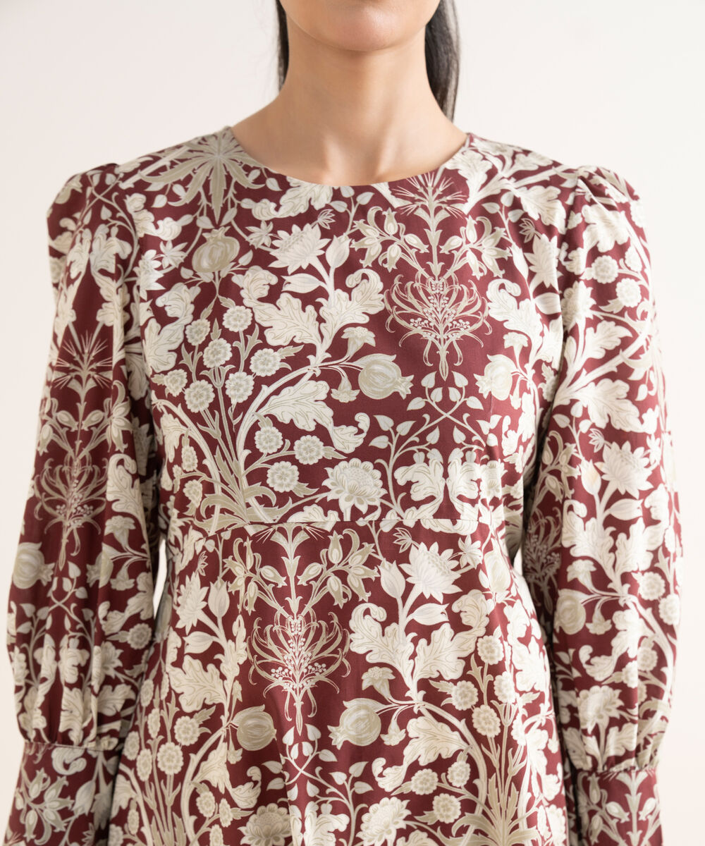 Women's RTW Cambric Printed Maroon Dress