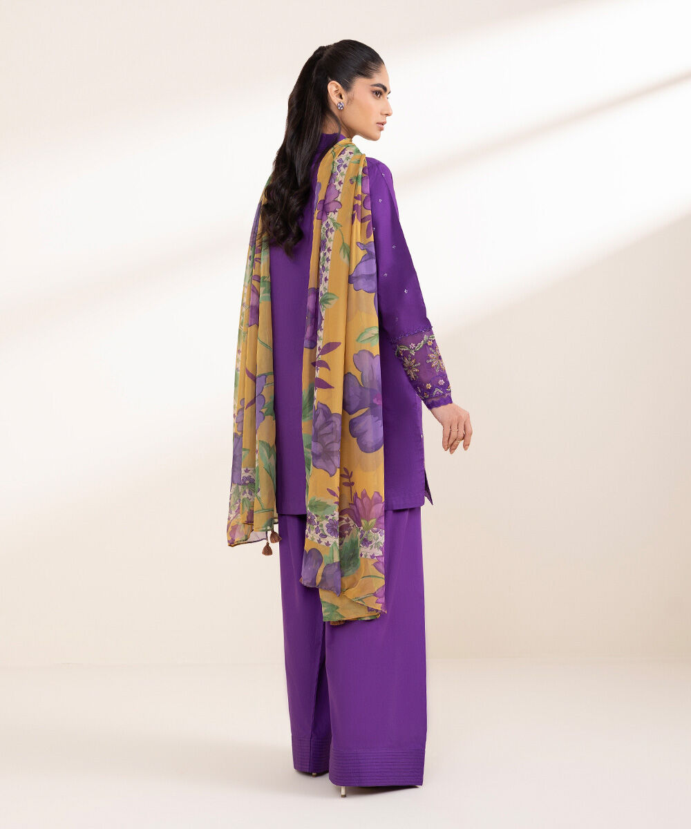 Unstitched Women's Embroidered Textured Lawn Purple Three Piece Suit