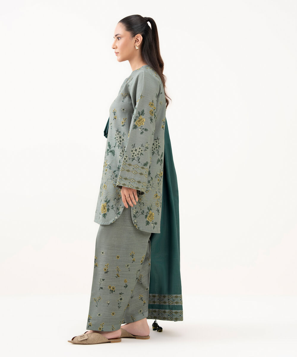 Women's Unstitched Khaddar Printed Grey 3 Piece Suit