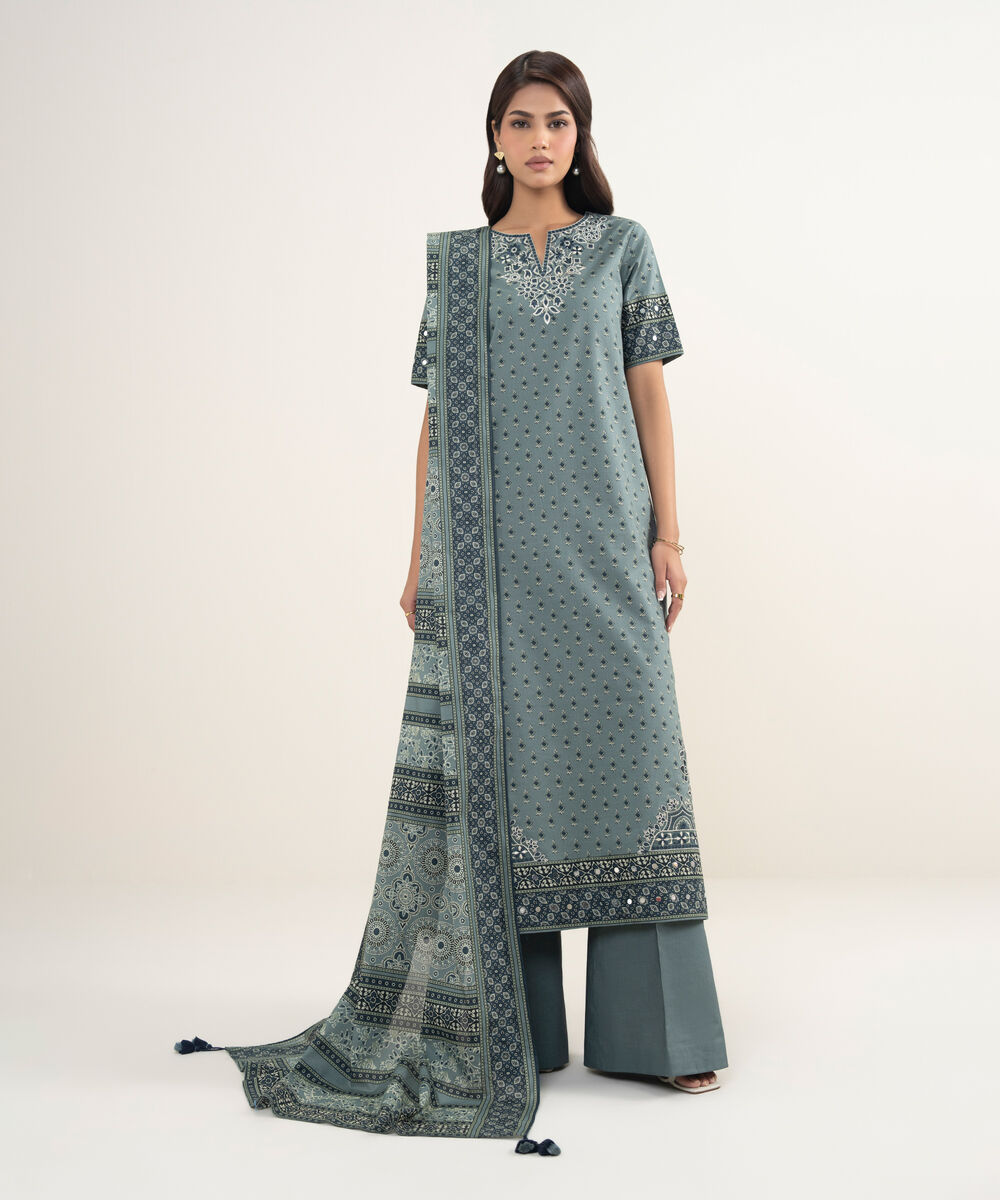 Women's Unstitched Lawn Embroidered Grey 3 Piece Suit
