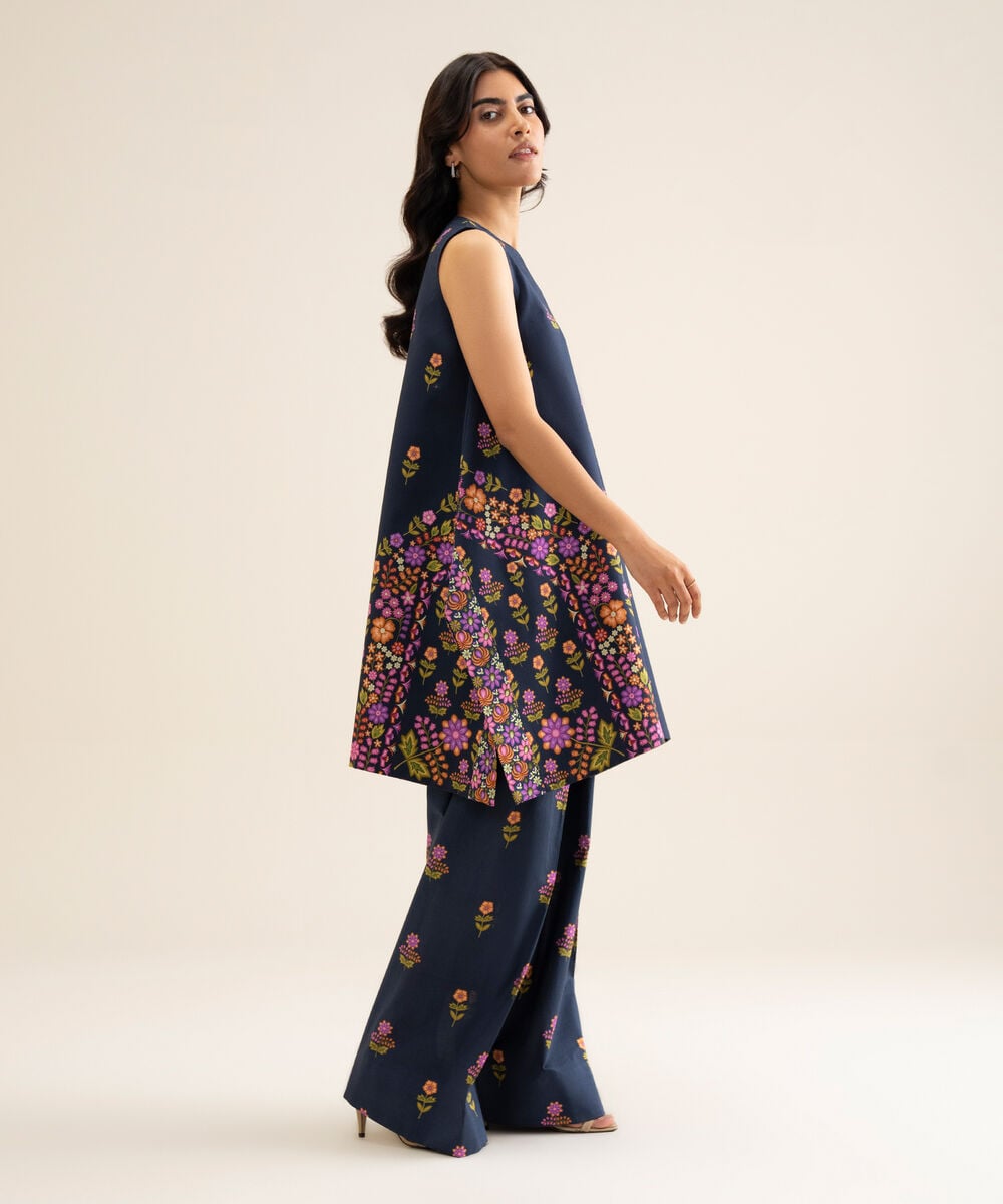 Women's Unstitched Cotton Printed Navy Blue 2 Piece Suit
