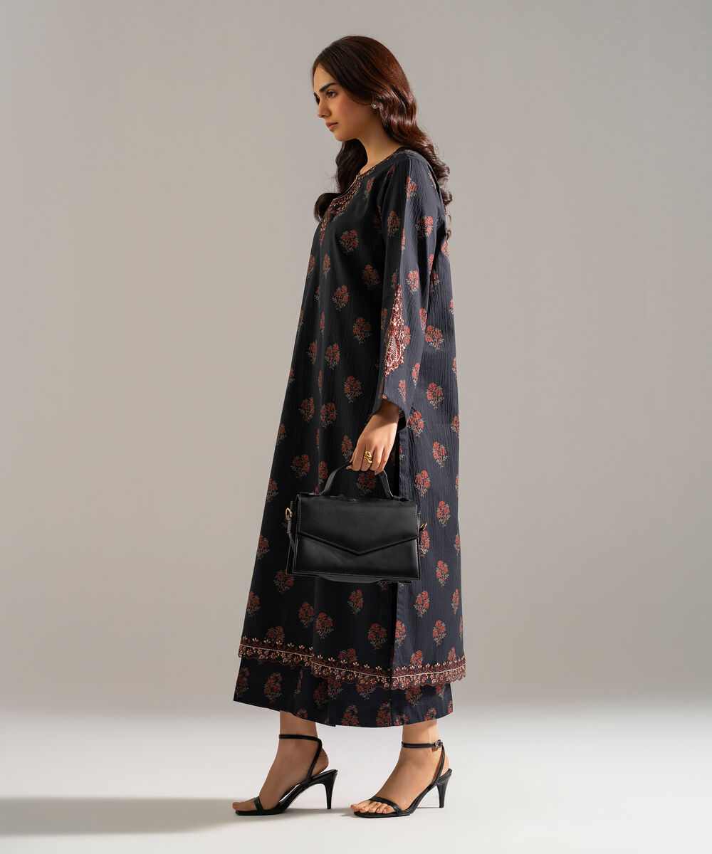 Women's RTW Seersucker Embroidered Black 2 Piece Suit